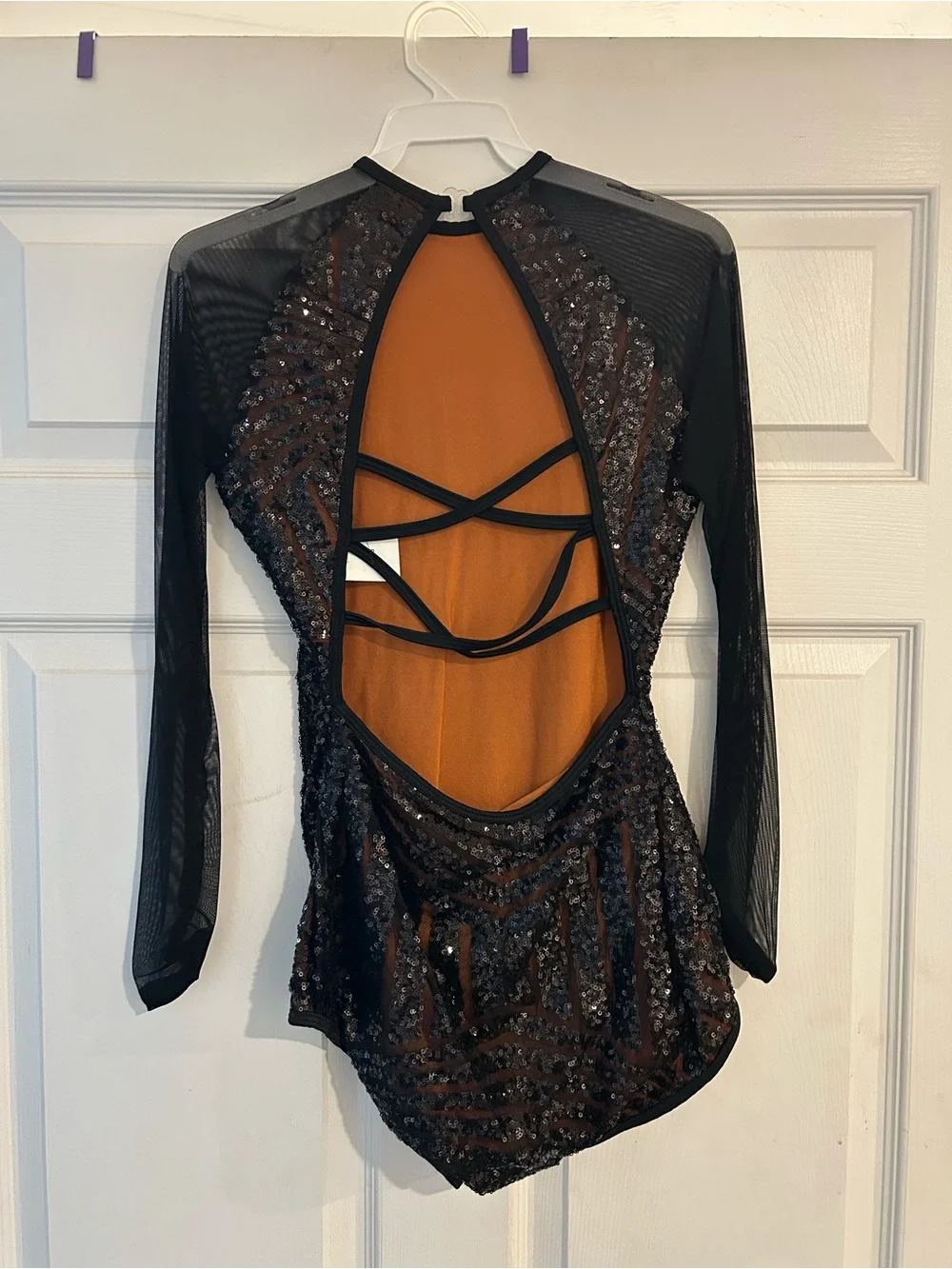 Black Sequined Long-Sleeve Mesh Bodysuit/leotard